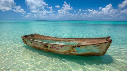 Naklejka premium A boat rests atop a sandy beach, bordering a shallow body of water Above, a blue sky holds white clouds