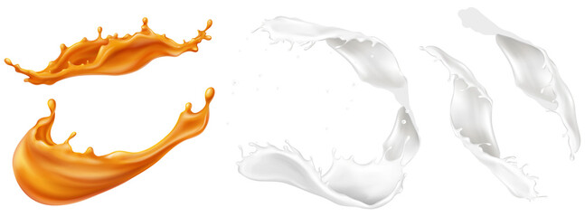 Set of High-Quality 3D Milk and Caramel Liquid Splash Vector Illustration, A Cascading Splash of Milk and Cream,  Isolated mockup for graphic design, Cut out, isolated on transparent background.
