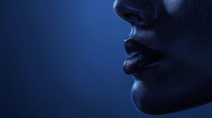  A tight shot of a woman's open mouth against a backdrop of blue Her face is obscured by a covering mesh