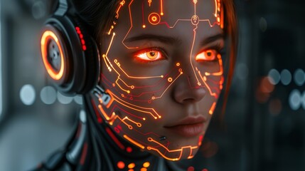  A woman dons headphones, her orange eyes radiating in the sci-fi setting