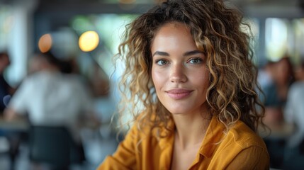 Obraz premium Confident woman with curly hair smiles while working in a bright, modern office environment. Natural lighting and casual atmosphere.