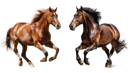 Set of Powerful Brown Horse Stallion Running with Flowing Mane, Isolated on Transparent Background
