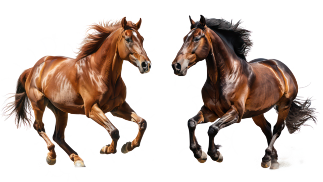 Set of Powerful Brown Horse Stallion Running with Flowing Mane, Isolated on Transparent Background