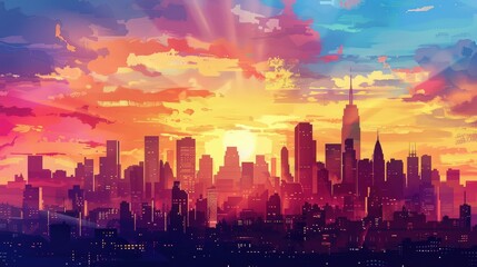 Fototapeta premium The skyline of a vibrant city in silhouette, with prominent high-rise buildings and bustling streets under a colorful sky