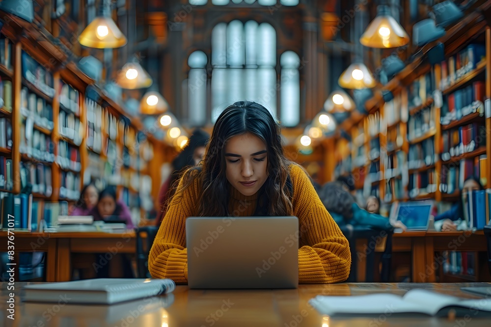 Poster university library setting with students studying and accessing digital resources