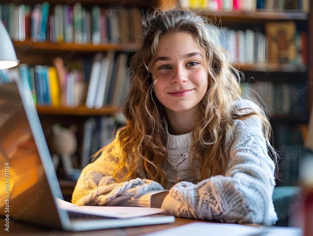 Poster smiling young female student studying and learning virtually with laptop in library workspace