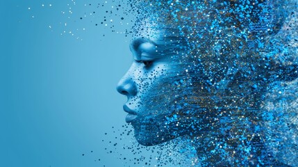  A woman's face is veiled in blue and silver confetti, her eyes closed, head slightly tilted, gazing into the distance