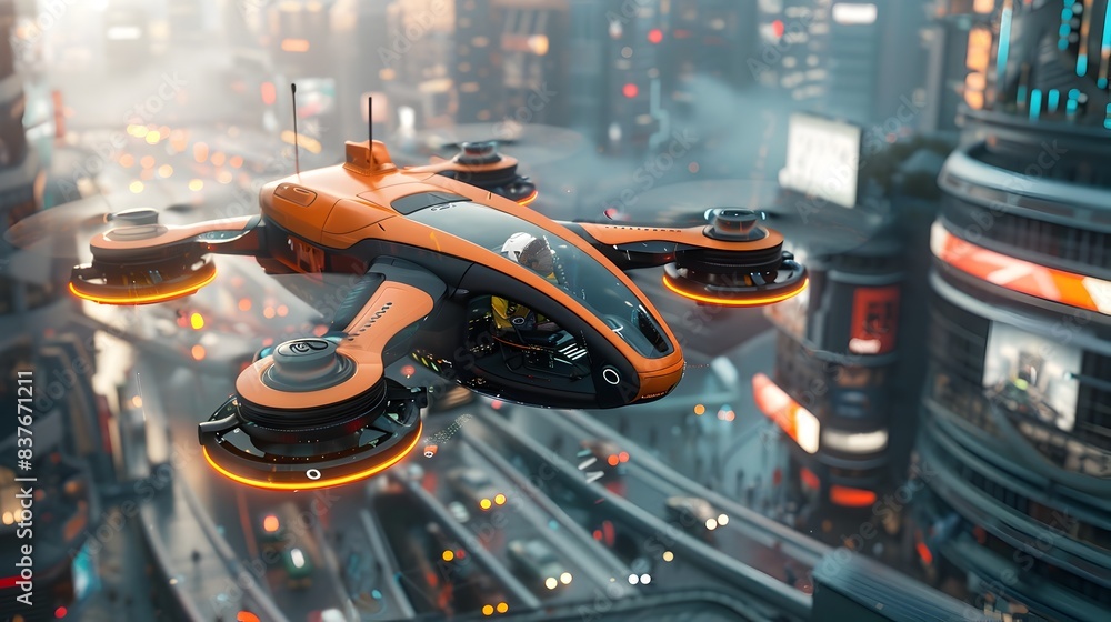 Poster futuristic drone taxi service transporting passengers over dynamic urban skyline with towering build