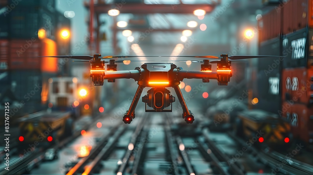 Poster futuristic cargo drone autonomous loading and unloading at busy port showcasing advanced logistics t