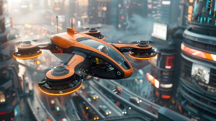 Futuristic Drone Taxi Service Transporting Passengers Over Dynamic Urban Skyline with Towering Buildings and Dense Traffic