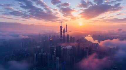 Naklejka premium Captivating Aerial Cityscape at Dawn Soft Morning Light Illuminates the Skyscraping Skyline