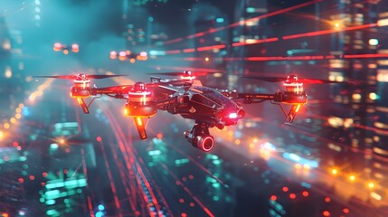 Obraz premium High Speed Drone Race Through Neon Lit City Skyline