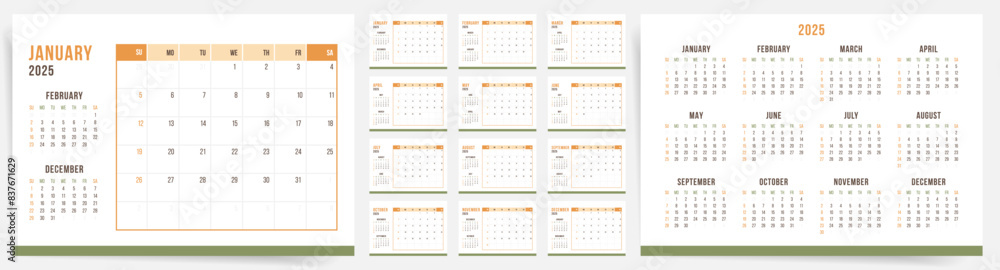 Wall mural 2025 calendar template design. week starts on sunday office calendar. desktop planner in simple clea