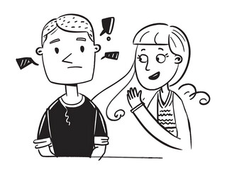 A vector illustration depicting male and female face silhouettes or icons, serving as avatars or profiles for unknown or anonymous individuals. The illustration portrays a man and a woman portrait.
