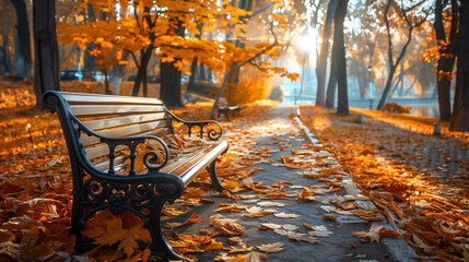 A solitary park bench sits amidst fallen leaves on a sunlit path, surrounded by trees with golden foliage. tranquil scene captures  beauty of an autumn day in a park setting. Autumn Serenity