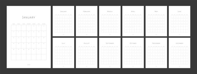 Calendar 2025. Calendar template 2025 for wall and desk use. Set of ready to print monthly vertical A4 designs. Minimal grid planner modern 2025 calendar.	
