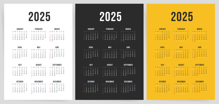 One Page Calendar 2025. Calendar templates 2025 for wall and desk use. Set of ready to print annual layouts. Business minimal modern 2025 calendar.	
