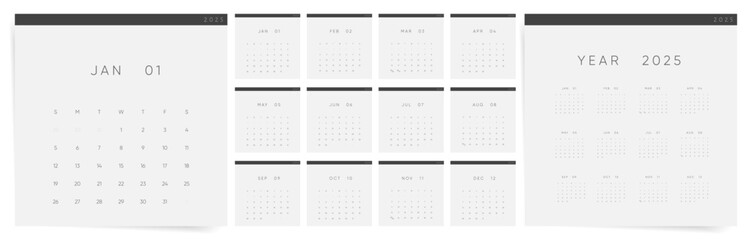 Calendar 2025. Square Calendar Template 2025. Set of ready to print monthly clean A4 designs. Elegant minimal modern 2025 calendar.	