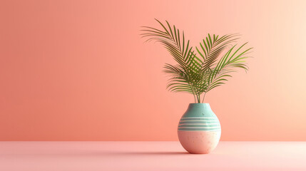 Obraz premium Minimalist Green Vase with Palm Leaf on Pink Background