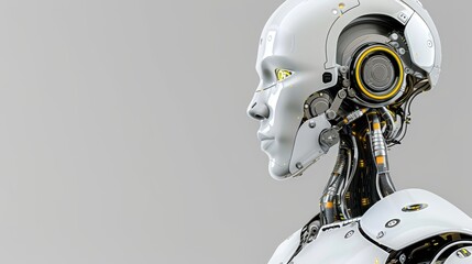  A white robot, equipped with yellow eyes and headphones, stands before a gray backdrop, gazing to its left