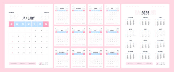 2025 Desk Calendar. Pink and Blue Design. Minimalist A4 Monthly Planner with Vertical Layout. Perfect for Women in Business and Corporate Branding.	
