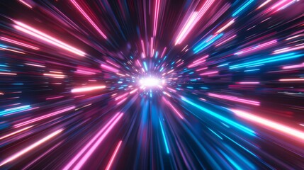 Vibrant light streaks in Strawberry pink, neon blue, and dark chocolate brown converge into a bright central point, creating a warp speed effect.