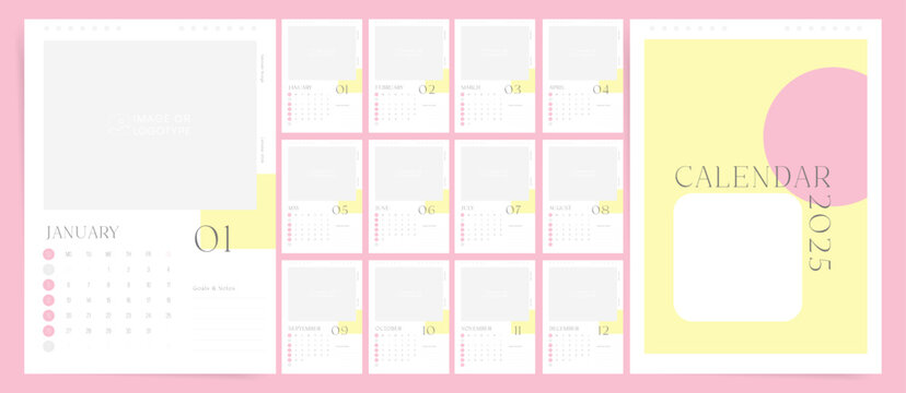 Set of 2025 A4 Calendar Planner Template in Minimal Aesthetic Design. Vector layout of a wall, table or desk modern 2025 calendar. Place for Notes. Calendar printable grid in pink white colors.	
