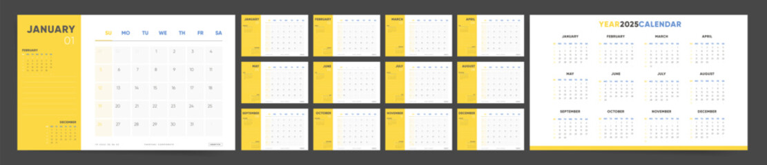2025 Calendar Template. Yellow Modern Design with Monthly Horizontal Pages. Monthly Planner 2025 for Desk, Wall, or Table. A4 Layout ideal for Office Branding and Corporate Use.	