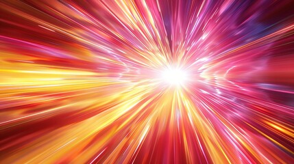 Fototapeta premium Vibrant pink and yellow light streaks meld into dazzling central point in futuristic warp speed effect.