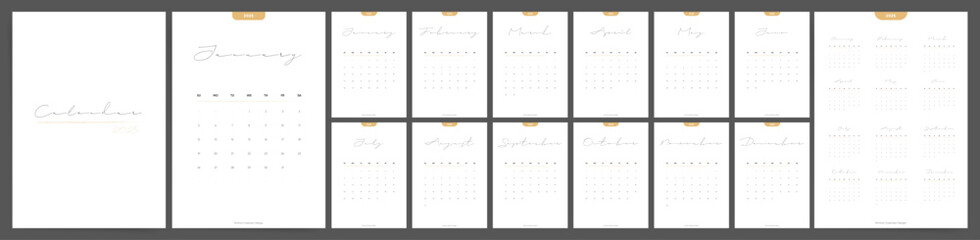 Calendar 2025 template. Week starts Sunday. Elegant Aesthetic Design Template Vector Set of 12 monthly pages.	