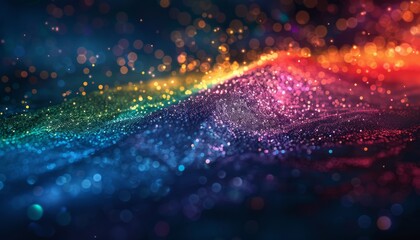 LGBT pride symbol glows with digital particles in a futuristic virtual reality space.