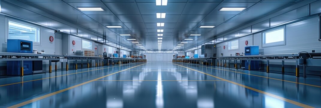 Modern industrial factory interior with sleek machinery and polished floors under bright fluorescent lighting, showcasing efficiency and cleanliness.