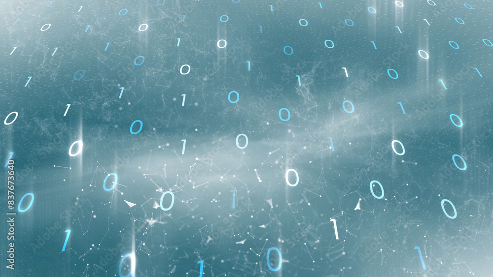 Poster glowing binary numbers network on bright blue illustration background.