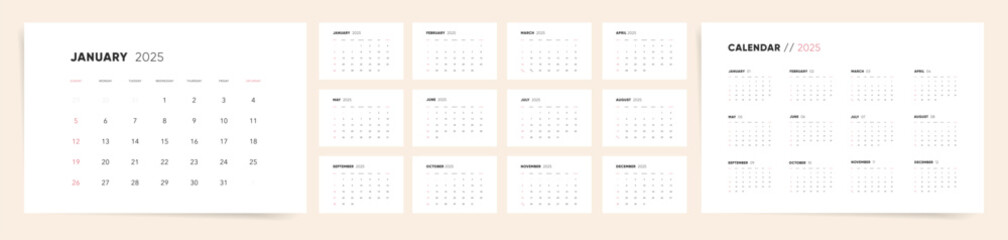 Calendar template for 2025 year. Week starts on Sunday. Wall 2025 calendar in clean minimal style. Corporate or business Calendar. English vector Calendar monthly pages layout.	