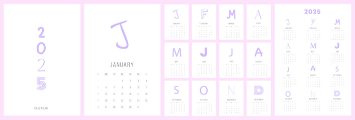 2025 Calendar Template, minimal design with creative letters.	