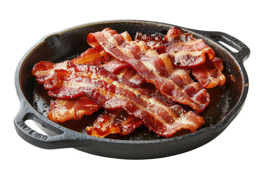 Sizzling hot crispy bacon in a black skillet, perfect for breakfast or adding flavor to dishes. Mouth-watering and appetizing food photo.