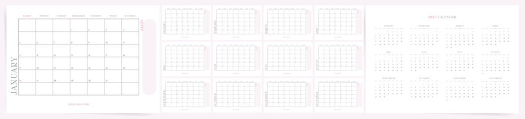 2025 Calendar Template with notes and minimalistic design.