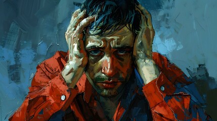 Obraz premium A man in a red shirt holding his head in anguish