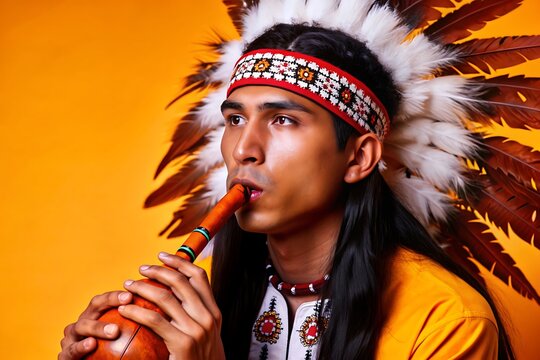 Native American man holding a peace pipe and looking contemplative. 