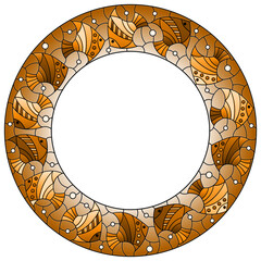 An illustration in stained glass style with a frame with abstract fishes, tone brown