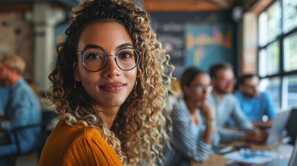 Glasses smiling woman leading group