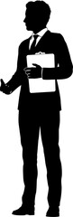 Silhouette business person man in a smart suit and tie holding a clipboard.