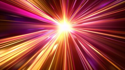 Fototapeta premium Vibrant light streaks in yellow, tan, pink, and eggplant colors converge at a central point, creating a sci-fi warp speed effect.