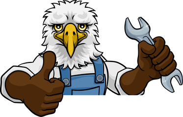 An eagle cartoon animal mascot plumber, mechanic or handyman builder construction maintenance contractor peeking around a sign holding a spanner or wrench and giving a thumbs up