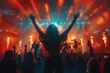 Silhouetted woman cheering at a lively concert with vibrant lights and stage effects, capturing the energy and excitement of live music.