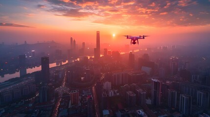 Aerial Drone Capturing Vibrant Sunset Over Bustling Cityscape with Towering Skyscrapers and Busy Streets