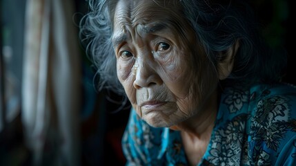 Elderly Woman s Deep Sorrow Reflected in Dimly Lit Room Emotional Expression Concept with Copy Space