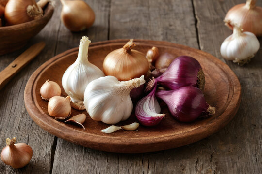 Garlic, onion, and Spanish onion artfully arranged on a rustic wooden plate