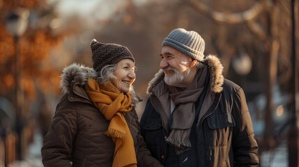 Fototapeta premium Elderly Couple Embracing With Shared Joy in Autumn Park Scenery