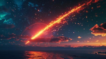 A blazing meteor streaks across the sky, leaving a fiery trail in its path